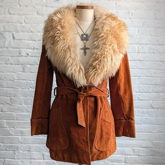 Vintage Jackets & Blazers - Vintage Orange Suede Penny Lane Jacket Groovy Furry Genuine Leather Trench Coat